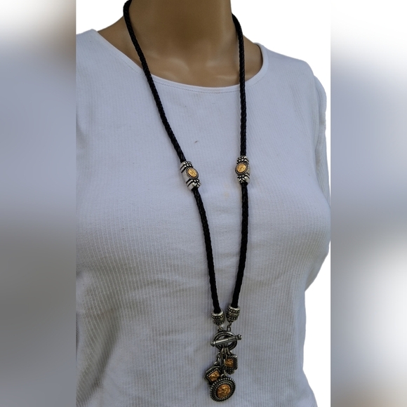 BRIGHTON VINTAGE BRAIDED LEATHER CORD WITH SILVER & COPPERTONE CHARMS NECKLACE - Picture 2 of 7